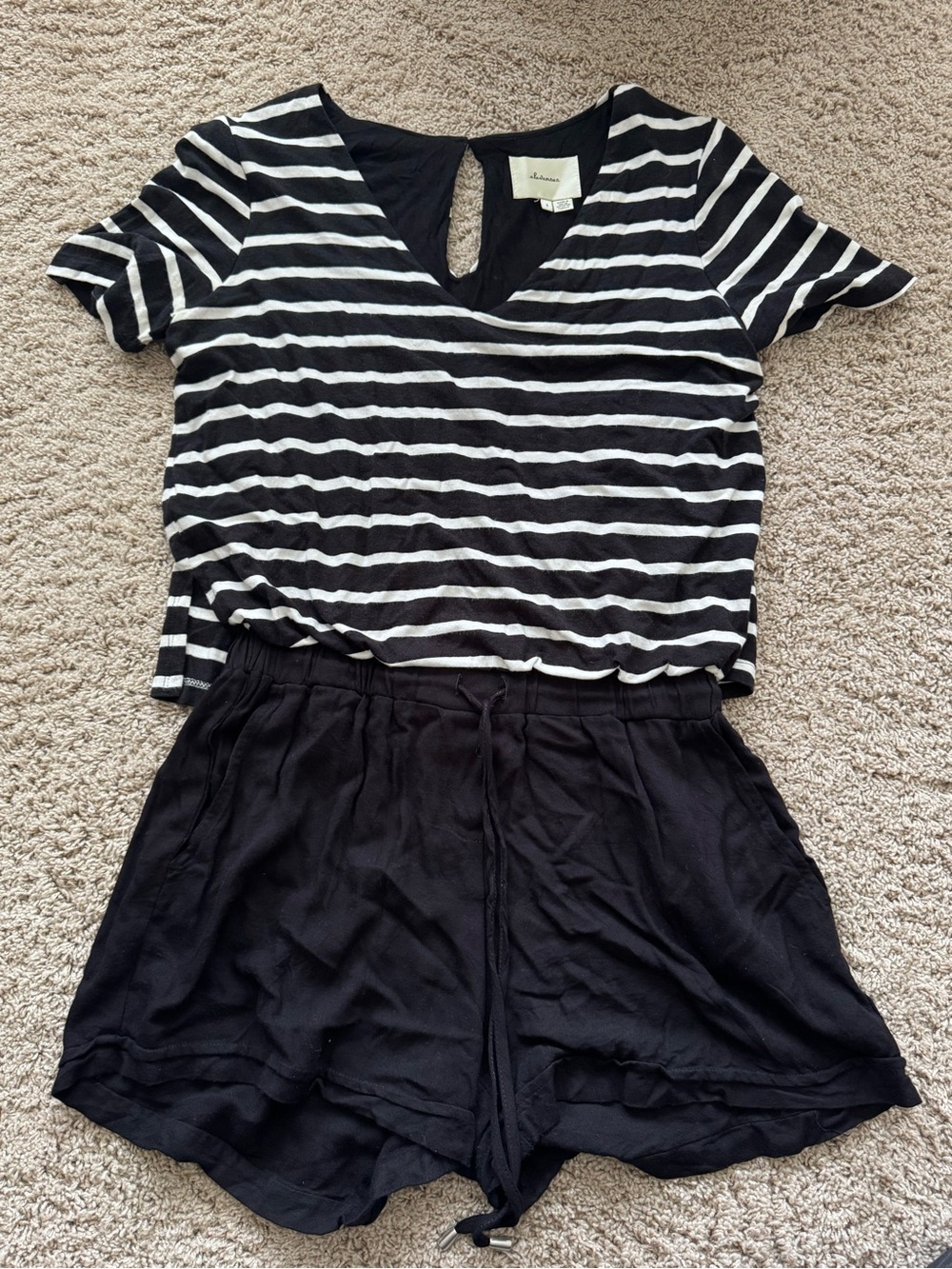 Anthropologie Black & White Striped Romper with Black Drawstring